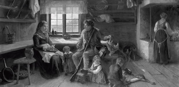 "Hemkomsten från jakten", oljemålning av Bengt Nordenberg, 1886.